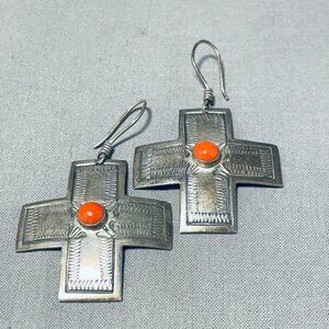 Unique Vintage Southwestern Coral Sterling Silver Cross Earrings